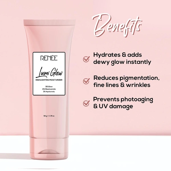 Renee Lumi Glow Highlighting Moisturizer 50g | With 3D Glow | Enriched with 3% Niacinamide & 1% Hyaluronic Acid | Reduces Pigmentation, Fine Lines & Wrinkles | Lightweight Texture | Prevents Photoaging & UV Damage |
