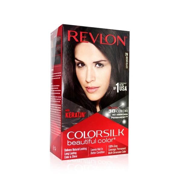 Revlon ColorSilk Permanent Hair Color 2N Brown Black | 100% Grey Coverage | Ammonia-Free with Pro-Keratin | Long-Lasting Salon-Like Shine & Natural-Looking Brown Black Color