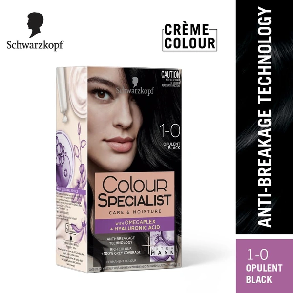 Schwarzkopf Colour Specialist 1.0 Opulent Black Permanent Hair Colour 100ml with Omegaplex & Hyaluronic Acid | 100% Grey Coverage | Anti-Breakage Care | Vibrant Nourished Shine