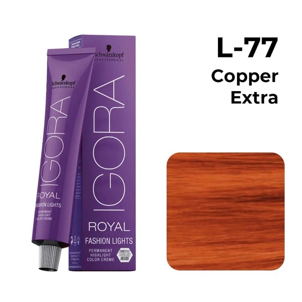 Schwarzkopf Professional Color Tube L-77 Copper ExtraIgora Royal Fashion Lights 60gm| Permanent Highlight Color Creme | Intense Lift & Vibrant Copper Tones