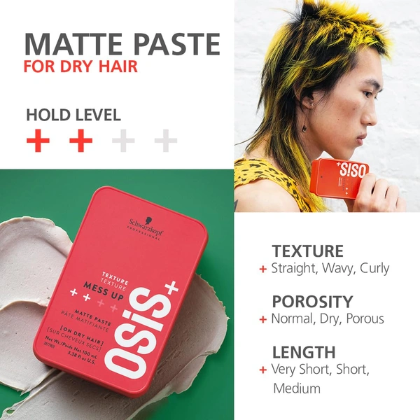 Schwarzkopf Professional OSiS+ Mess Up Matte Paste 100ml | Vegan, Medium Hold, Dry & Non-Greasy | Easy to Apply & Wash | Matte Finish Hair Pomade for Effortless Styling