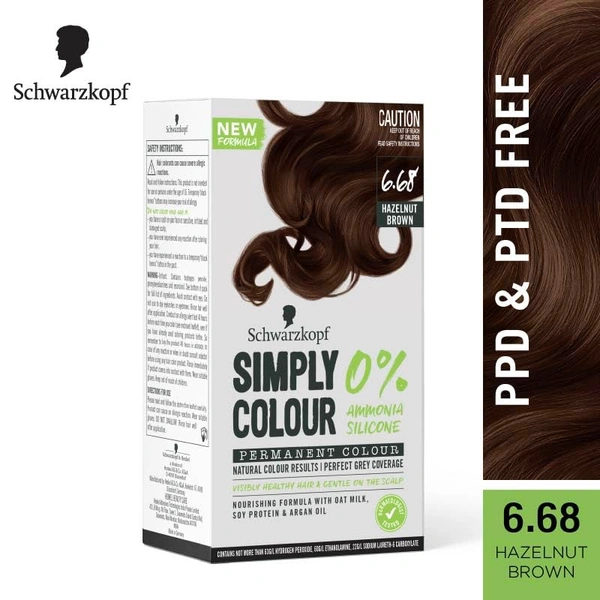 Schwarzkopf Simply Colour Hazelnut Brown 6.68 Hair Colour 142.5ml | 100% Grey Coverage | Ammonia & Silicone Free | With Soy Protein, Argan Oil & Oat Milk | Gentle Formula