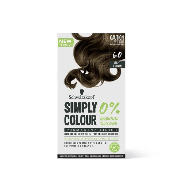 Schwarzkopf Simply Colour Light Brown 6.0 Hair Colour 142.5ml | 100% Grey Coverage | Ammonia & Silicone Free | With Soy Protein, Argan Oil & Oat Milk | Gentle Formula