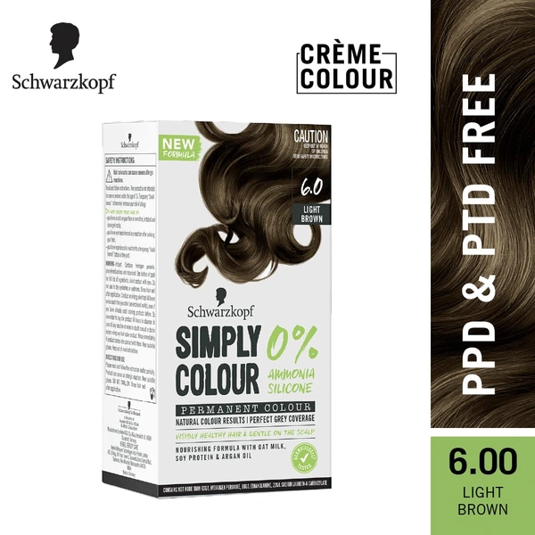 Schwarzkopf Simply Colour Light Brown 6.0 Hair Colour 142.5ml | 100% Grey Coverage | Ammonia & Silicone Free | With Soy Protein, Argan Oil & Oat Milk | Gentle Formula