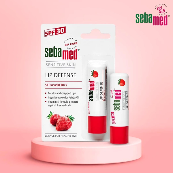 Seba Med Sebamed Lip Defense Strawberry 4.8g | SPF 30 Lip Balm with Natural Oils & Vitamin E | Heals Dry, Chapped Lips | UV Protection | Dermatologically Tested