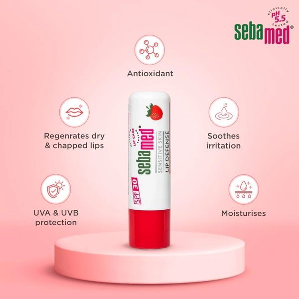 Seba Med Sebamed Lip Defense Strawberry 4.8g | SPF 30 Lip Balm with Natural Oils & Vitamin E | Heals Dry, Chapped Lips | UV Protection | Dermatologically Tested