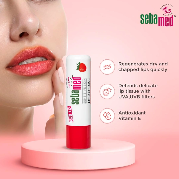 Seba Med Sebamed Lip Defense Strawberry 4.8g | SPF 30 Lip Balm with Natural Oils & Vitamin E | Heals Dry, Chapped Lips | UV Protection | Dermatologically Tested