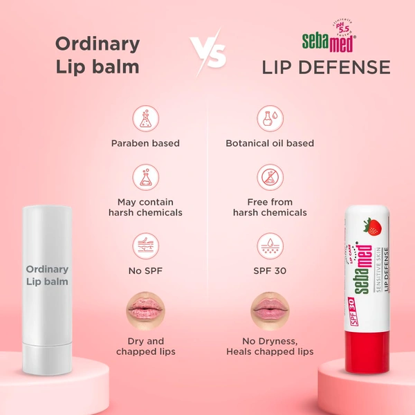 Seba Med Sebamed Lip Defense Strawberry 4.8g | SPF 30 Lip Balm with Natural Oils & Vitamin E | Heals Dry, Chapped Lips | UV Protection | Dermatologically Tested