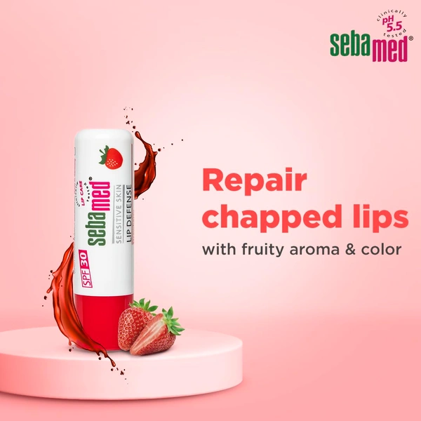 Seba Med Sebamed Lip Defense Strawberry 4.8g | SPF 30 Lip Balm with Natural Oils & Vitamin E | Heals Dry, Chapped Lips | UV Protection | Dermatologically Tested