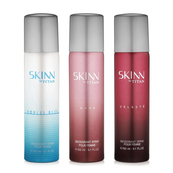 Skinn by Titan Premium Deo Spray for Women 3 pack (Celeste, Nude, Amalfi) 150ml Each|Long-Lasting Freshness | Luxurious Fragrance | Perfect for Daily Use