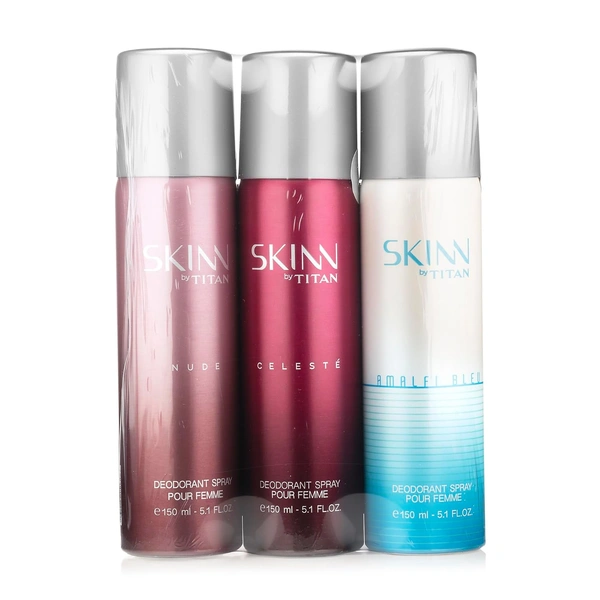 Skinn by Titan Premium Deo Spray for Women 3 pack (Celeste, Nude, Amalfi) 150ml Each|Long-Lasting Freshness | Luxurious Fragrance | Perfect for Daily Use