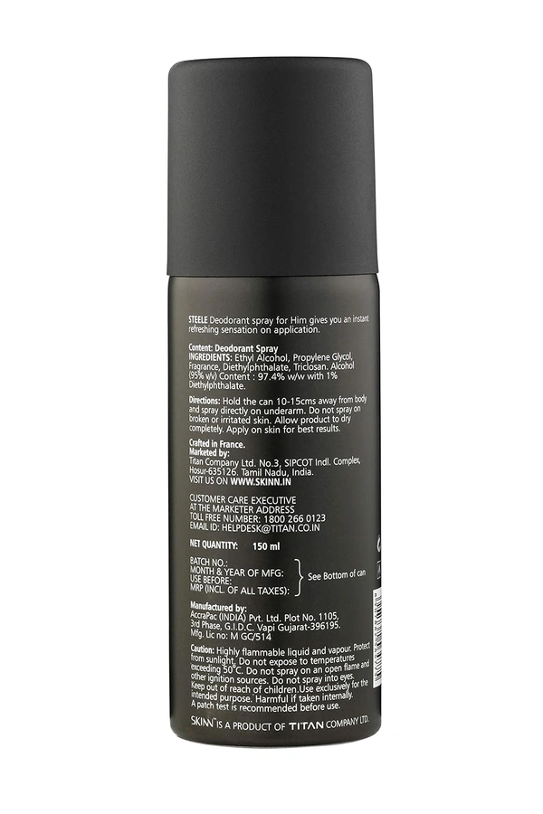 Skinn by Titan Steele Deodorant Spray for men 150ml |Bold & Strong Woody Fragrance|Long-Lasting Freshness & Odor Protection for All-Day Confidence
