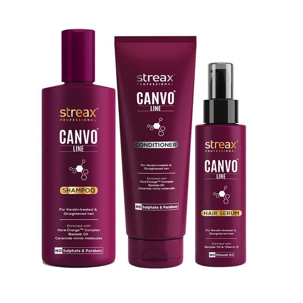 Streax Canvoline Complete Hair Care Combo | Shampoo + Conditioner + Serum for Chemically Treated Hair | Straightening Hair | Smooth, Frizz-Free, and Shiny Hair | Pack Of 3