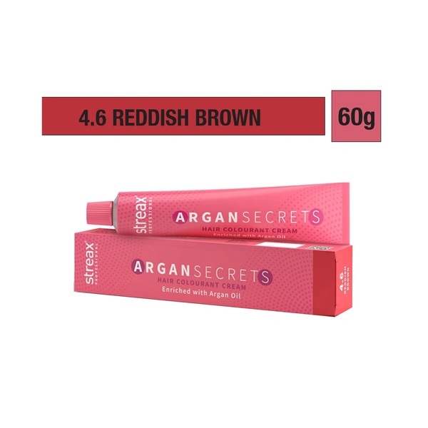 Streax Color Tube Argan Secrates 4.6 Reddish Brown, 60g | Ammonia-Free & Long-Lasting | Enriched with Argan & Walnut Oil for Vibrant Hair Color | Soft & Smooth Hair | Full Grey Coverage