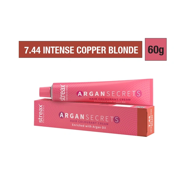 Streax Color Tube Argan Secrates 7.44 Intense Copper Blonde, 60g | Ammonia-Free & Long-Lasting | Enriched with Argan & Walnut Oil for Vibrant Hair Color | Soft & Smooth Hair | Full Grey Coverage