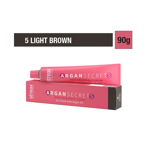 Streax Color Tube Argan Secrates 5 Light Brown, 60g | Ammonia-Free & Long-Lasting | Enriched with Argan & Walnut Oil for Vibrant Hair Color | Soft & Smooth Hair | Full Grey Coverage.