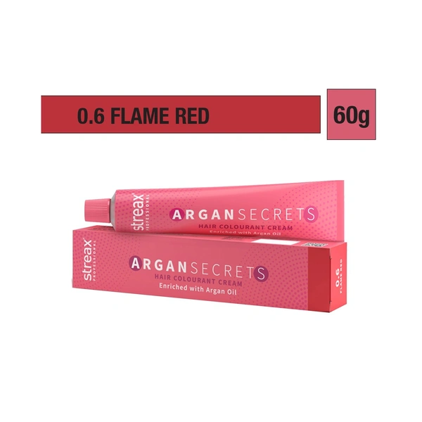 Streax Color Tube Argan Secrates 0.6 Flame Red, 60g | Ammonia-Free & Long-Lasting | Enriched with Argan & Walnut Oil for Vibrant Hair Color | Soft & Smooth Hair | Full Grey Coverage.60g