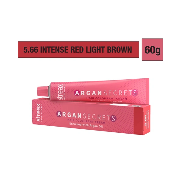 Streax Color Tube Argan Secrates 5.66 Intense Red Light Brown, 60g | Ammonia-Free & Long-Lasting | Enriched with Argan & Walnut Oil for Vibrant Hair Color | Soft & Smooth Hair | Full Grey Coverage.60g