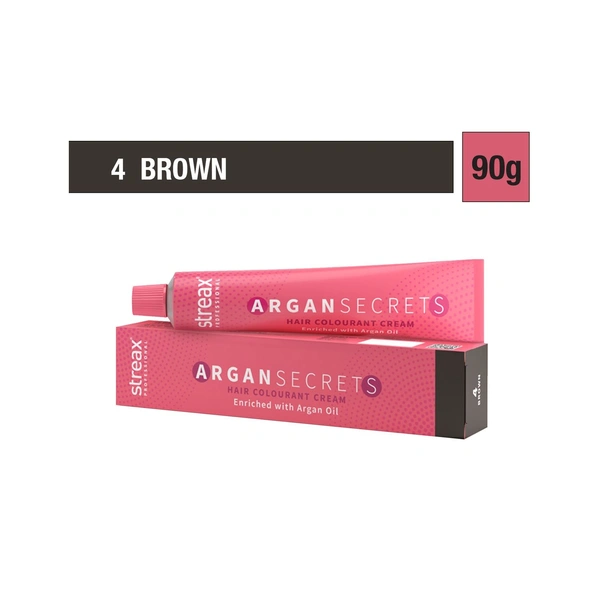 Streax Color Tube Argan Secrates 4 Brown, 60g | Ammonia-Free & Long-Lasting | Enriched with Argan & Walnut Oil for Vibrant Hair Color | Soft & Smooth Hair | Full Grey Coverage