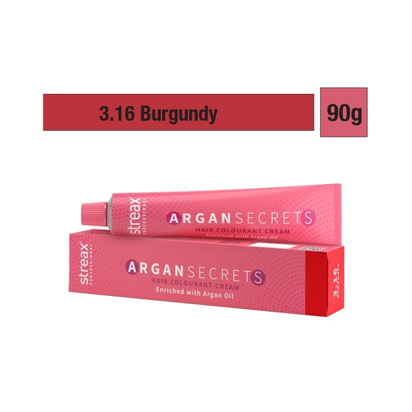 Streax Color Tube Argan Secrates 3.16 Burgundy, 60 | Ammonia-Free & Long-Lasting | Enriched with Argan & Walnut Oil for Vibrant Hair Color | Soft & Smooth Hair | Full Grey Coverage