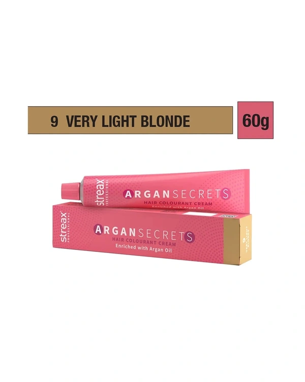 Streax Color Tube Argan Secrates 9 Very Light Blonde, 60g | Ammonia-Free & Long-Lasting | Enriched with Argan & Walnut Oil for Vibrant Hair Color | Soft & Smooth Hair | Full Grey Coverage.