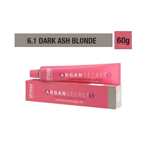 Streax Color Tube Argan Secrates 6.1 Dark Ash Blonde, 60g | Ammonia-Free & Long-Lasting | Enriched with Argan & Walnut Oil for Vibrant Hair Color | Soft & Smooth Hair | Full Grey Coverage.