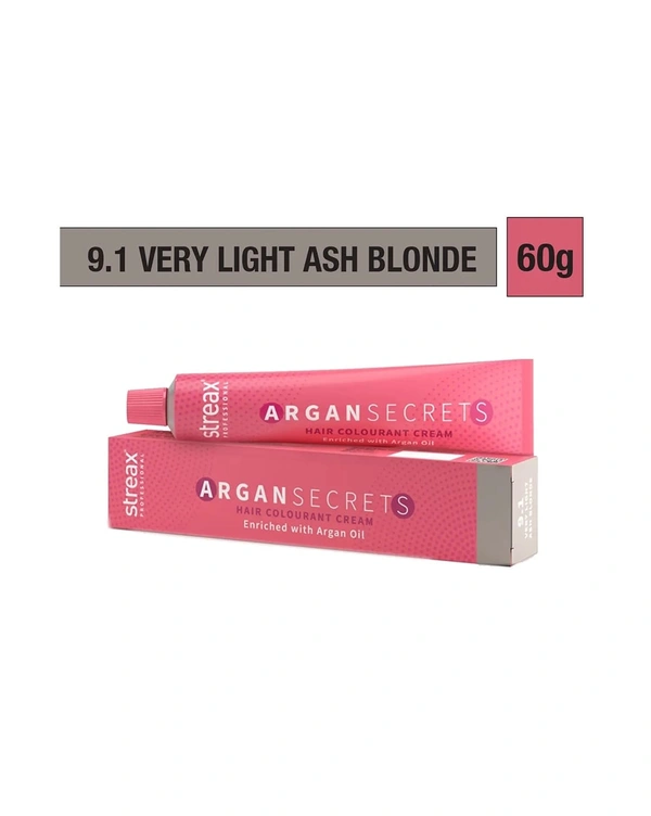 Streax Color Tube Argan Secrates 9.1 Very Light Ash Blonde, 60g | Ammonia-Free & Long-Lasting | Enriched with Argan & Walnut Oil for Vibrant Hair Color | Full Grey Coverage.
