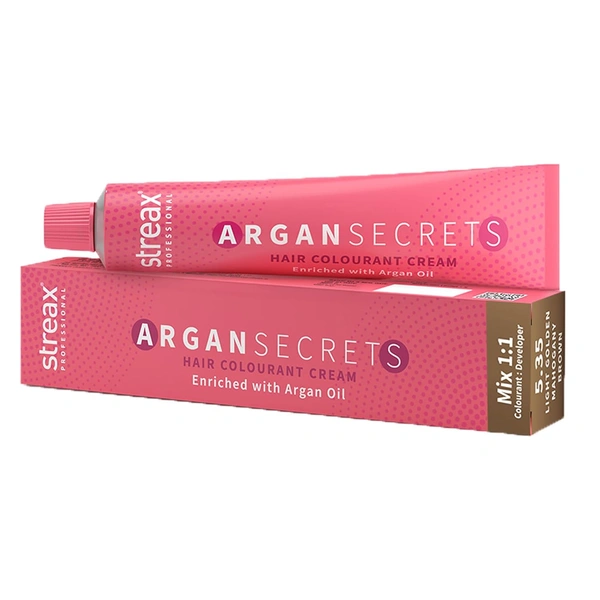 Streax Color Tube Argan Secrates 5.35 Light Golden Mahogany Brown 60g | Ammonia-Free & Long-Lasting | Enriched with Argan & Walnut Oil for Vibrant Hair Color | Soft & Smooth Hair | Full Grey Coverage