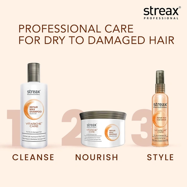 Streax Professional Vitariche Care Repair Max Shampoo 300ml | Enriched with Biotin & Antioxidants | Repairs Dry & Damaged Hair | Reduces Breakage & Restores Strength