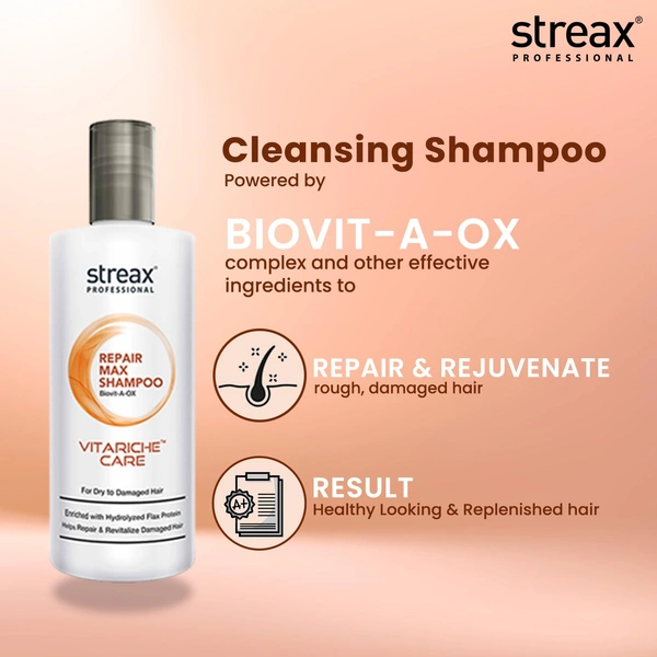 Streax Professional Vitariche Care Repair Max Shampoo 300ml | Enriched with Biotin & Antioxidants | Repairs Dry & Damaged Hair | Reduces Breakage & Restores Strength