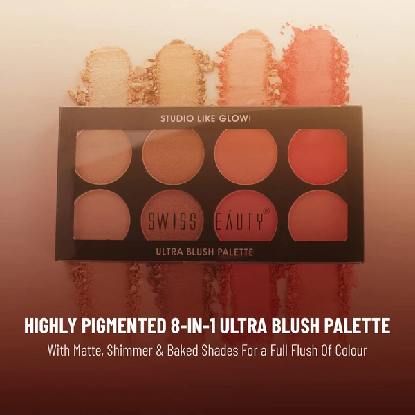 Swiss Beauty 8-in-1 Ultra Blush Palette | Pigmented Blusher | Flawless Glow | Matte & Shimmer Finishes | Get Radiant, Long-Lasting | Highlight & Contour| blendable shades | Shade-4, 16gm