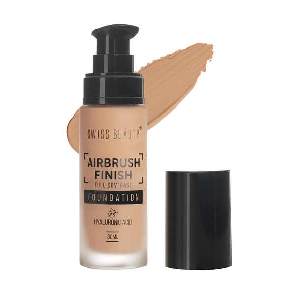 Swiss Beauty Airbrush Finish Full Coverage Foundation Warm Sun, 30ml | Lightweight & Hydrating, Water-Resistant Formula | Hyaluronic Acid for a Flawless Matte Look