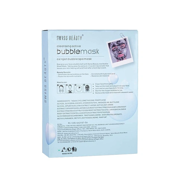 Swiss Beauty Bubble Sheet Mask 30g | Enriched with Hyaluronic Acid | Gentle Exfoliating Face Mask | Oxygen-Infused | Pore-Cleansing Bubble Mask | Suitable for All Skin Types | 30g