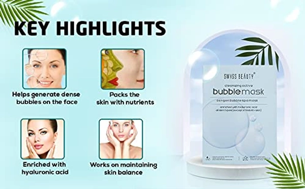 Swiss Beauty Bubble Sheet Mask 30g | Enriched with Hyaluronic Acid | Gentle Exfoliating Face Mask | Oxygen-Infused | Pore-Cleansing Bubble Mask | Suitable for All Skin Types | 30g
