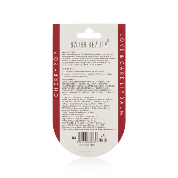 Swiss Beauty Fresh-Mint Love & Care Lip Balm SPF 15 | Hydrating & Nourishing | Protects, Softens & Adds a Natural Tint | Enriched with Shea Butter & Vitamin E