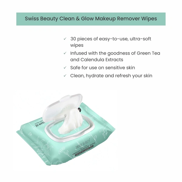 Swiss Beauty Clean & Glow Makeup Remover Wipes | Removes Dirt, Oil & Waterproof Makeup | Hydrating, Nourishing & Refreshing | Ultra-Soft, pH-Balanced & Travel-Friendly