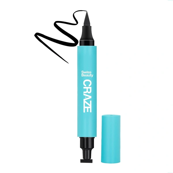 Swiss Beauty Craze 2-N 1 Eyeliner 2.8ml | Long-Lasting, Smudge-Proof Eyeliner | Waterproof | Eyeline With Stamp & Fine Tip | All-Day Wear with Dual Eyeliner Features | Intense Black Colour