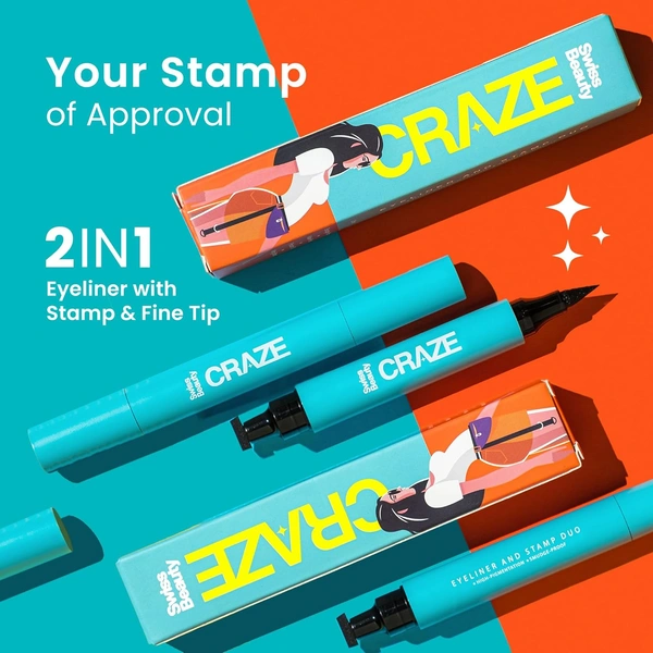Swiss Beauty Craze 2-N 1 Eyeliner 2.8ml | Long-Lasting, Smudge-Proof Eyeliner | Waterproof | Eyeline With Stamp & Fine Tip | All-Day Wear with Dual Eyeliner Features | Intense Black Colour