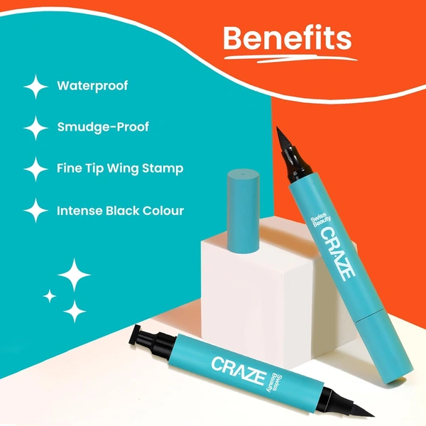 Swiss Beauty Craze 2-N 1 Eyeliner 2.8ml | Long-Lasting, Smudge-Proof Eyeliner | Waterproof | Eyeline With Stamp & Fine Tip | All-Day Wear with Dual Eyeliner Features | Intense Black Colour