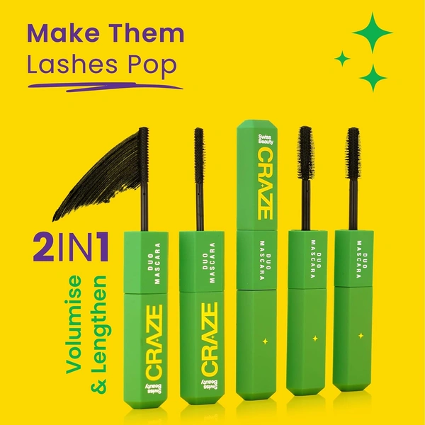Swiss Beauty Swiss beauty Craze Duo Mascara 20ml | 2-in-1 Volumizing and Lengthening Mascara | With Smudge-Proof, Clump-Free Mascara | Waterproof | Dual-Ended for Dramatic Lashes | Intense Black Colour