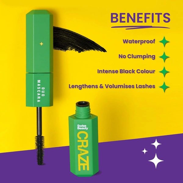 Swiss Beauty Swiss beauty Craze Duo Mascara 20ml | 2-in-1 Volumizing and Lengthening Mascara | With Smudge-Proof, Clump-Free Mascara | Waterproof | Dual-Ended for Dramatic Lashes | Intense Black Colour