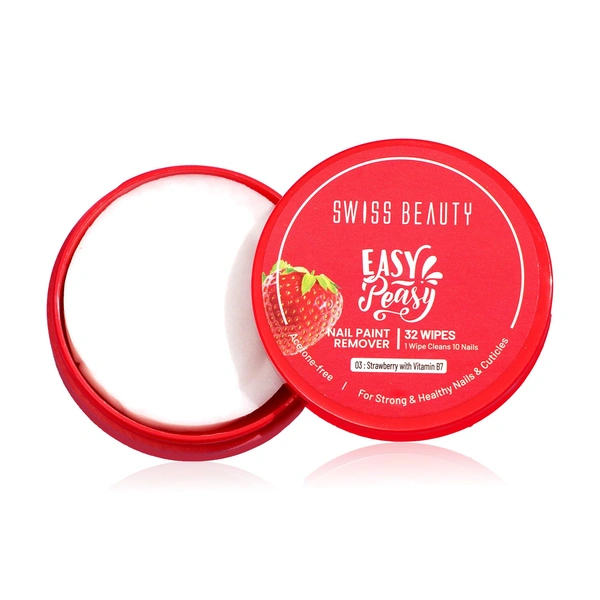 Swiss Beauty Easy-Peasy Nail Paint Remover Wipes, Strawberry With Vitamin B7 | Acetone-Free, Hydrating & Travel-Friendly | 32 Wipes | Gentle on Nails