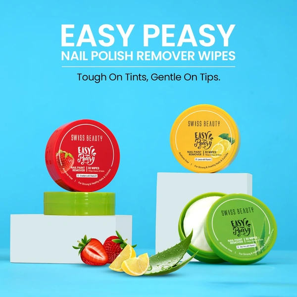 Swiss Beauty Easy-Peasy Nail Paint Remover Wipes, Lemon with Vitamin C | Acetone-Free, Hydrating & Travel-Friendly | 32 Wipes | Gentle on Nails
