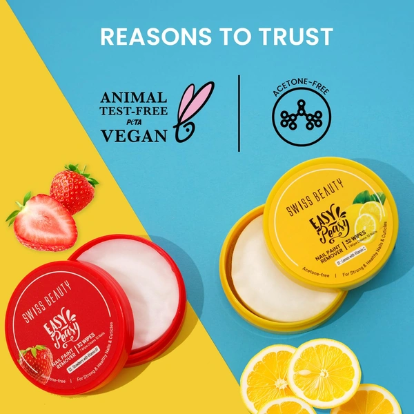 Swiss Beauty Easy-Peasy Nail Paint Remover Wipes, Lemon with Vitamin C | Acetone-Free, Hydrating & Travel-Friendly | 32 Wipes | Gentle on Nails