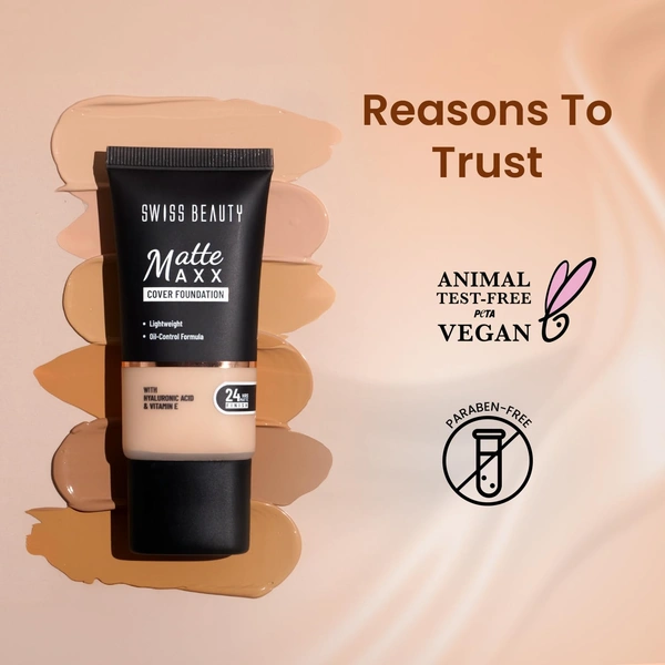 Swiss Beauty Foundation Matte Maxx Cover 04 Medium Warm, 30g| 24-Hour Wear |Hyaluronic Acid & Vitamin E | Oil-Control Formula |