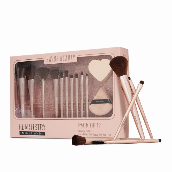 Swiss Beauty Heartistry Makeup Brush Set | 12 Pieces for Face, Eyes & Lips | Soft Synthetic Bristles | Multi-Functional, Flawless Blending | PETA Certified