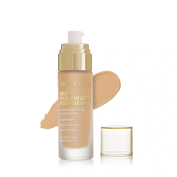 Swiss Beauty High Performance Foundation Natural Buff, 55g with Vitamin C & Niacinamide | Medium to Buildable Coverage | Water-Resistant & Lightweight Formula for Even Skin Tone