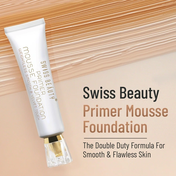 Swiss Beauty Primer Mousse Foundation 30ml | Weightless Smooth & Velvet Touch | 2 - in 1 Primer & Foundation | Oil-free look | Flawless Matte Finish & Pore Minimizing Coverage | Shade - 06 ( Being )
