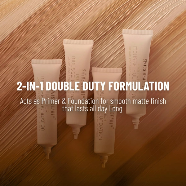Swiss Beauty Primer Mousse Foundation 30ml | Weightless Smooth & Velvet Touch | 2 - in 1 Primer & Foundation | Oil-free look | Flawless Matte Finish & Pore Minimizing Coverage | Shade - 06 ( Being )