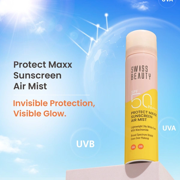 Swiss Beauty Protect Maxx Sunscreen Air Mist, SPF 50 PA+++ | Ultra-Light & Non-Greasy | UVA & UVB Protection | Hydrating & Refreshing | Quick Absorption